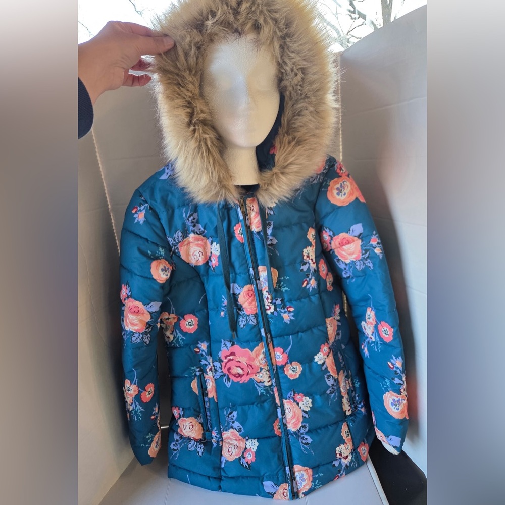 Matilda Jane Break the Ice Hooded Puffer Jacket Floral Teal Women's Small